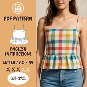 Patrón de costura para top peplum sin mangas – Blusa de verano, ideal para principiantes, top de tirantes a cuadros de lino
