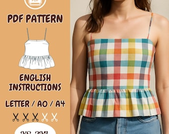 Tank Top Schnittmuster - ärmellose Sommerbluse, Anfänger freundlich, Leinen kariertes Träger Top