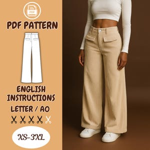 Mönster för vida byxor i PDF-format: Boho fickor med lock, XS-3XL (bonusmönster för tygväska)