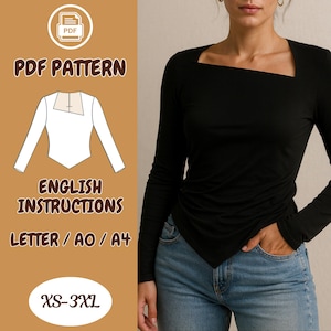 Asymmetrical Neckline Top Sewing Pattern – Long Sleeve Modern Shirt – PDF  Digital - Irregular Neck