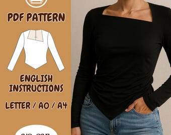 Top Bluse Schnittmuster, Asymmetrisches Top mit Eckigem Ausschnitt PDF