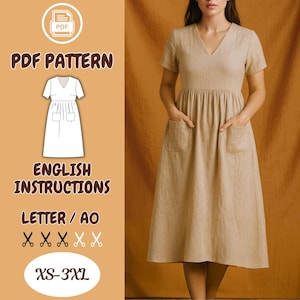 May include: A beige linen dress with a V-neck, short sleeves, and pockets. The dress is knee-length and has a gathered waist. The image also includes a PDF pattern with English instructions, sizes XS-3XL.