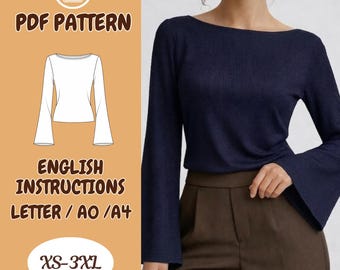 Bell Sleeve Top Sewing Pattern,  Fitted Flare Sleeve Top PDF Women, Winter Sweater Pattern Sewing Tutorial