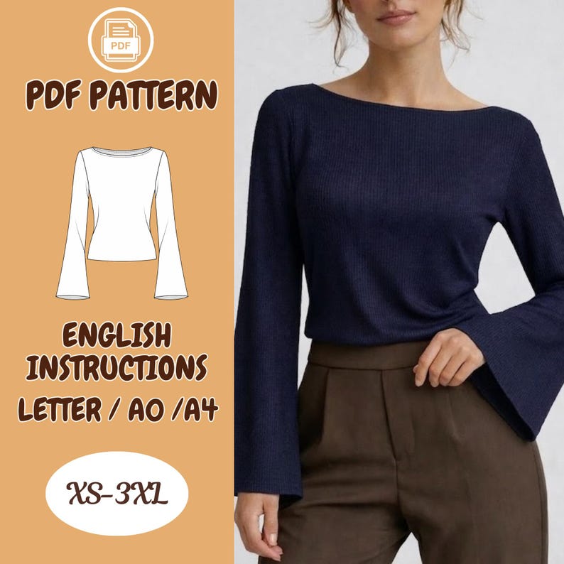 May include: Navy blue long-sleeved top with a boat neck and flared sleeves. The image also shows a PDF pattern with English instructions for sizes XS-3XL. The pattern includes instructions for Letter, AO, and A4 sizes.