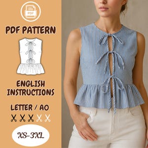 May include: A blue and white striped sleeveless top with a peplum hem and tie closures. The image also includes a PDF pattern graphic with the text "PDF PATTERN", "ENGLISH INSTRUCTIONS", "LETTER / AO", and size range "XS-3XL".