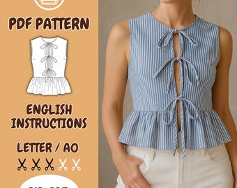 Tie Front Peplum Woven Top , Sleeveless Blouse , Summer Linen Shirt, XS-3XL, Tank Top's