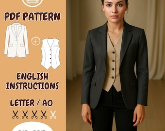 Pode incluir: Uma mulher vestindo um blazer cinza escuro, um colete bege e calças pretas. A imagem também mostra um padrão PDF com instruções em inglês para um blazer e um colete, disponível nos tamanhos XS-3XL.