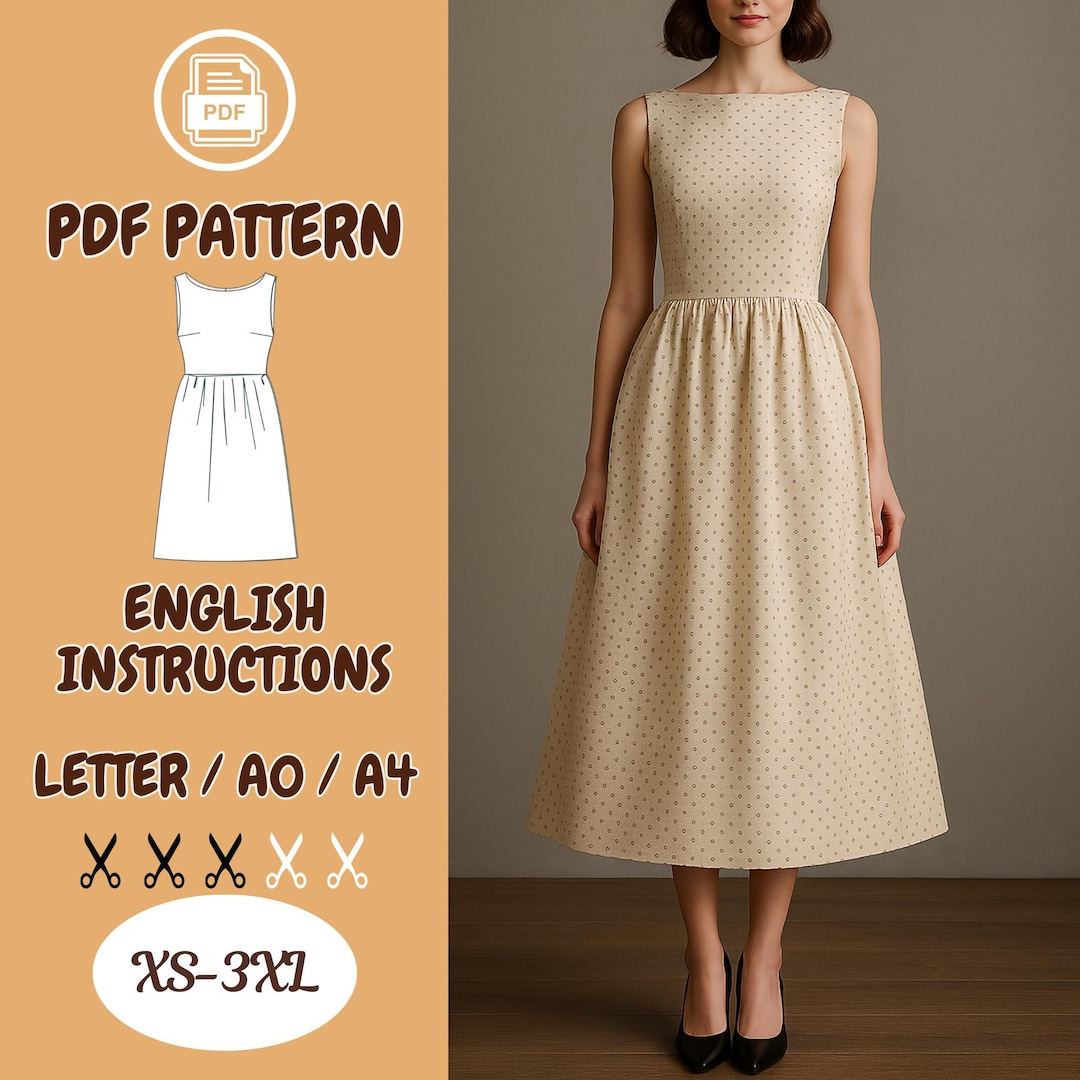 Classic Sleeveless Dress Sewing Pattern  Vintage Boat Neck Midi, Gathered  Waist, A-line, XS3XL - Etsy