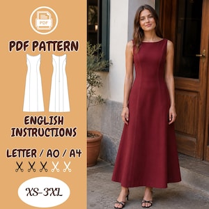 Long Dress Sewing Pattern, Sleeveless A-Line XS-3XL PDF