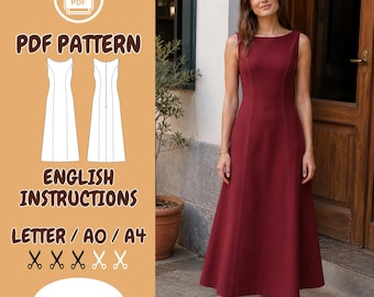 Long Dress Sewing Pattern, Sleeveless A-Line XS-3XL PDF