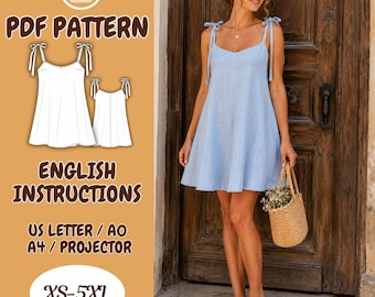 Tie Strap Sundress Sewing Pattern, Beginner A-Line Mini Linen Dress PDF