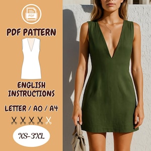 May include: PDF sewing pattern for a sleeveless, deep V-neck dress. The pattern includes English instructions and is available in sizes XS-3XL. The dress is shown in a dark green colour.