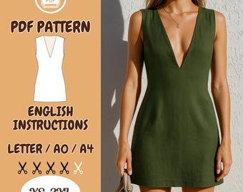 Linen V-Neck Dress Sewing Pattern PDF – Summer, Shift, Sleeveless , Travel, Mini, V-Neck