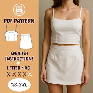 Patrón de costura de top corto y falda – Conjunto de dos piezas en PDF – Minifalda y camiseta de tirantes – Apto para principiantes – Tallas XS a 3XL – Formato A0/Carta