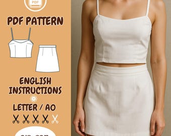 Crop Top and Skirt Sewing Pattern – PDF Two-Piece Set – Mini Skirt & Tank Top – Beginner Friendly – XS to 3XL – A0 / Letter Format
