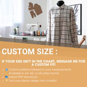 Pode incluir: Uma camisa xadrez bege, cinza e branca em um manequim. A imagem inclui o texto "CUSTOM SIZE" e "IF YOUR SIZE ISN'T IN THE CHART, MESSAGE ME FOR A CUSTOM FIT!" O tema &eacute; costura.