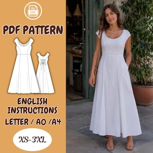 Puede incluir: Una mujer con un vestido blanco con cuello redondo y mangas cortas. El vestido tiene bolsillos y una falda fluida. La imagen también muestra un patrón PDF con el texto "PDF PATTERN" y "ENGLISH INSTRUCTIONS LETTER / AO / A4 XS-3XL".