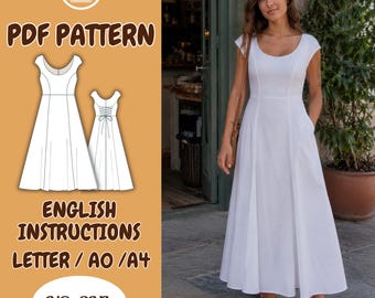 Lace Back Midi Cottagecore Dress PDF Sewing Pattern, A-Line Skirt, Princess seams