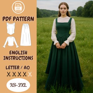 Op de afbeelding: Een vrouw draagt een donkergroene jurk met een witte blouse eronder. De jurk heeft een vierkante halslijn en een lange rok. De afbeelding bevat ook een PDF-patroon met de tekst "PDF PATTERN", "ENGLISH INSTRUCTIONS" en "XS-3XL".