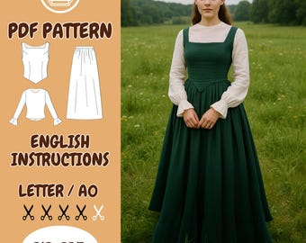 Medieval Set Linen Skirt Ruffle Top and Corset PDF Sewing Pattern – Renaissance Costume with Long Skirt & Blouse – Cottagecore Dress Pattern