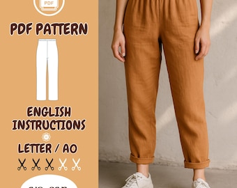 PDF - Elastische Taillenhose, einfaches Anfängerprojekt, Leinenhose mit Schnittmuster
