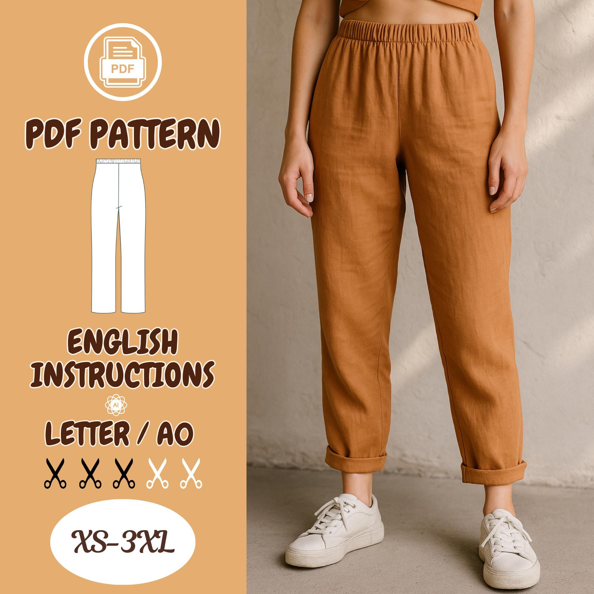 Linen Pants Sewing Pattern PDF – Elastic Waist Trousers, Easy Beginner ...