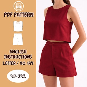 Könnte beinhalten: Ein weinrotes zweiteiliges Outfit, bestehend aus einem ärmellosen Crop-Top und hoch taillierten Shorts. Das Bild enthält auch eine PDF-Mustergrafik mit dem Text "PDF PATTERN", "ENGLISH INSTRUCTIONS LETTER / AO / A4" und "XS-3XL".