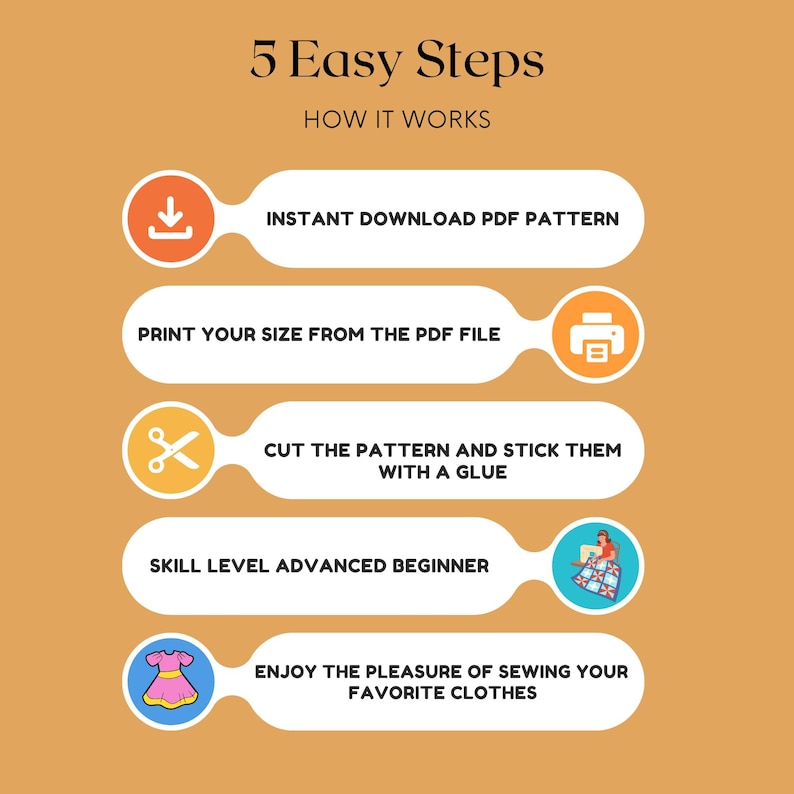 May include: A graphic with five steps for sewing clothes. The steps are: 1. Instant download PDF pattern, 2. Print your size from the PDF file, 3. Cut the pattern and stick them with a glue, 4. Skill level advanced beginner, 5. Enjoy the pleasure of sewing your favorite clothes.