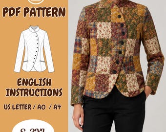 Quilted Jacket PDF Sewing Pattern: Asymmetric Button Front, Women’s S–3XL