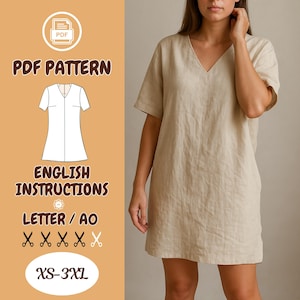 Peut inclure: Robe beige en lin avec col en V et manches courtes. L'image comprend le texte « PDF PATTERN », « ENGLISH INSTRUCTIONS », « LETTER / AO » et « XS-3XL ». Un patron PDF est également affiché.