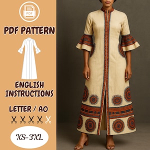 African Maxi Dress Sewing Pattern PDF – Long Sleeve Dashiki Style Dress with Flared Cuffs | XS–3XL | A0 A4 US Letter | Front Zipper