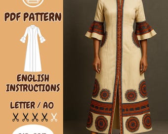 African Maxi Dress Sewing Pattern – Long Sleeve Dashiki Dress with Flared Cuffs | Front Zipper