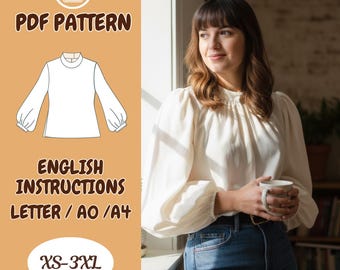 Bischof Ärmel Bluse, Top Schnittmuster, Frauen entspannt Shirt, hohe Stehkragen, Armband, XS-3XL