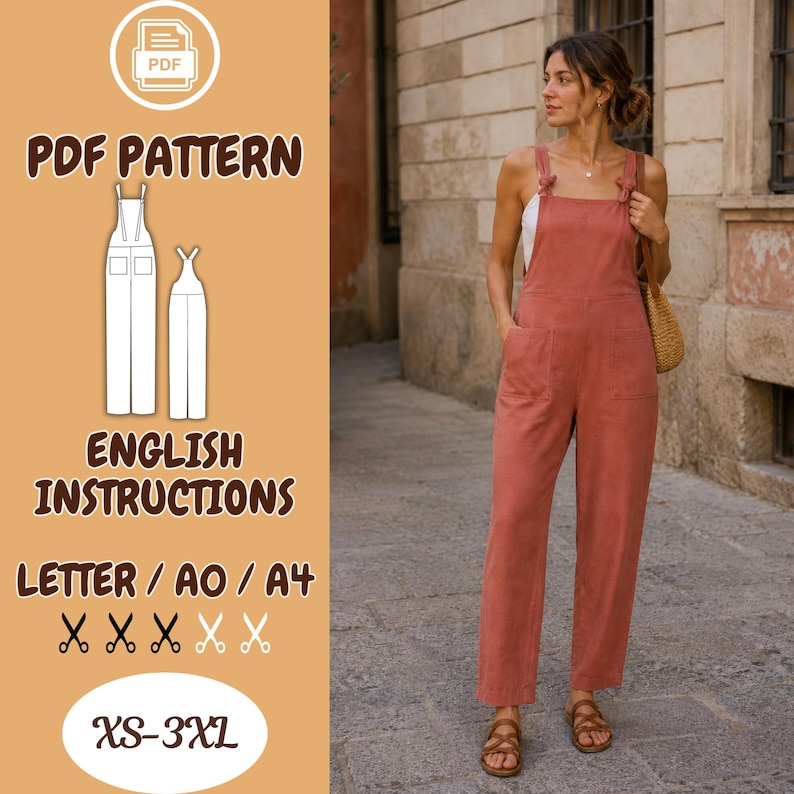 Pode incluir: Um macac&atilde;o cor de ferrugem com bolsos frontais e al&ccedil;as ajust&aacute;veis. A imagem tamb&eacute;m apresenta um padr&atilde;o PDF com instru&ccedil;&otilde;es em ingl&ecirc;s, dispon&iacute;vel nos tamanhos XS-3XL. O padr&atilde;o &eacute; para tamanhos de papel Letter, AO e A4.