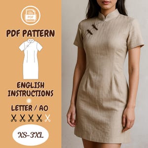 Molde de vestido Qipao em PDF – Vestido estilo Cheongsam, gola mandarim, manga curta, molde digital XS–3XL, formatos A0/Carta