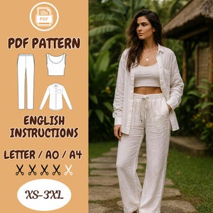May include: A woman wearing a white linen outfit, including a crop top, button-down shirt, and drawstring pants. The image also features a PDF pattern with illustrations of clothing items and the text "PDF PATTERN", "ENGLISH INSTRUCTIONS", and "XS-3XL".