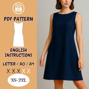 Peut inclure: Patron de couture PDF pour une robe sans manches bleu marine. Le patron comprend des instructions en anglais et est disponible dans les tailles XS-3XL. Le patron est imprimé sur du papier lettre, A0 ou A4.