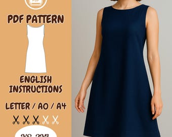 A-Line Shift Dress Sewing Pattern PDF | Sleeveless Beginner Dress | Casual Summer Dress | Sizes XS–3XL | A4, Letter, A0 | English