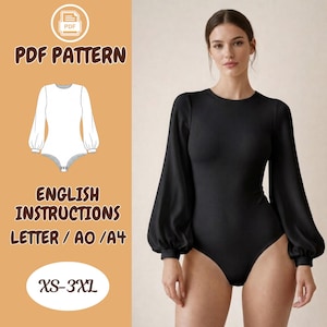 Peut inclure: Un body noir avec de longues manches bouffantes. L'image présente également un motif PDF avec le texte "PDF PATTERN", "ENGLISH INSTRUCTIONS" et la gamme de tailles "XS-3XL".
