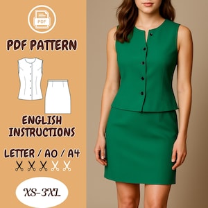 Set Ärmlös Topp och Minikjol - Skjorta med Knäppning, Pennskjorta, Rak, Symönster