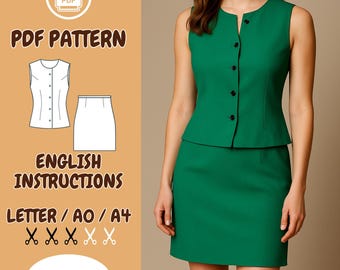 Sleeveless Top Vest and Skirt Suit Sewing Pattern PDF | Women&#39;s Button Up Top Vest and Pencil Skirt Pattern XS-3XL | Straight Skirt