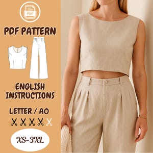 Set Sleeveless Crop Top & Pants PDF Sewing Pattern – Linen Outfit Pattern,  Two pleated trousers, Wide Leg pants,  Sizes XS-3XL
