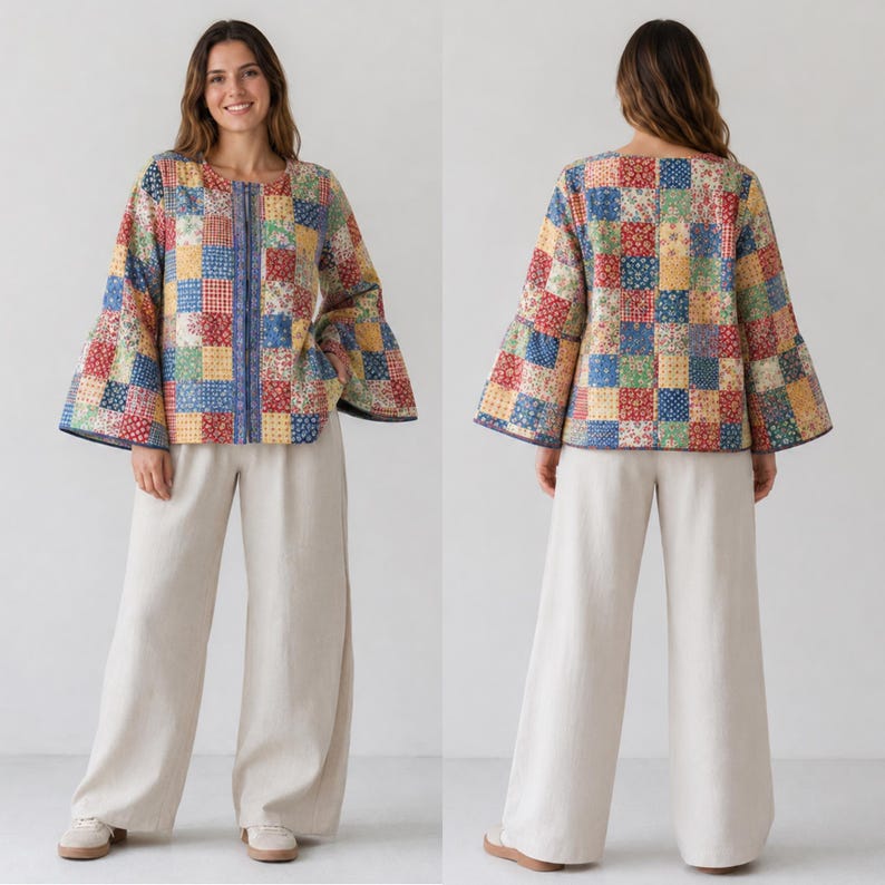 May include: A long-sleeved jacket featuring a multi-coloured patchwork pattern with various floral and geometric prints in shades of red, blue, yellow, and green. The jacket has a round neckline, a front zip closure, and wide bell sleeves.