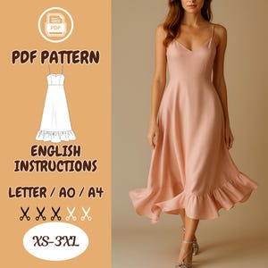 May include: PDF sewing pattern for a pink sleeveless dress with a ruffled hem. The pattern includes English instructions and is available in sizes XS-3XL. The pattern is printed on letter, A0, or A4 paper.