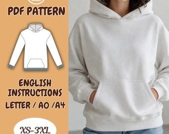 Hoodie Sewing Pattern PDF, Oversized Sweatshirt Kangaroo Pocket, Plus Size Minimalist Pullover
