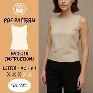 Patrón de costura de blusa de lino sin mangas / Patrón PDF de blusa sin mangas para mujer / XS-3XL / Tamaño A4 A0 Carta / Blusa de verano para principiantes / Blusa minimalista