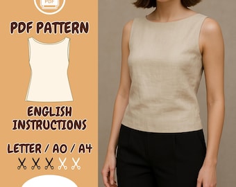 Sleeveless Linen Top Sewing Pattern: Tank Top, Beginner Friendly, Summer T - Shirt, Minimalist