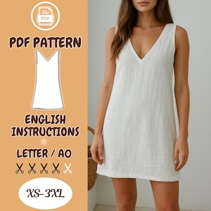 Patrón de costura para vestido de lino con escote en V (PDF): Vestido de verano sin mangas, corte recto, proyecto fácil para principiantes, tallas XS a 3XL, formato A0/Carta