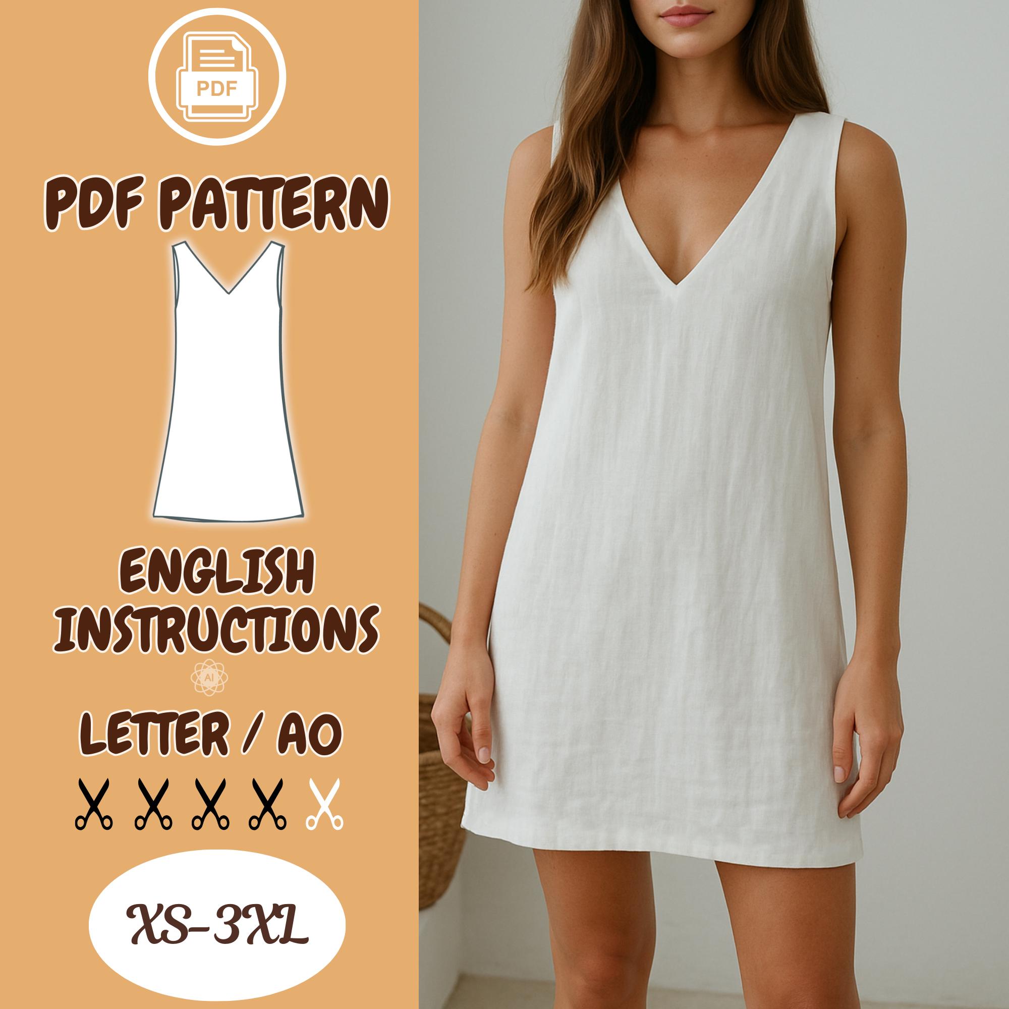 V Neck Linen Dress Sewing Pattern PDF – Sleeveless Summer Dress, Shift Style, Easy Beginner Project – Sizes XS to 3XL – A0/Letter Format
