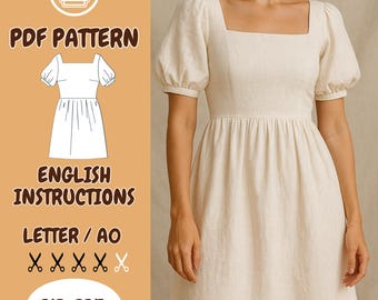 Linen Bishop Sleeve Dress Sewing Pattern PDF: Cottagecore Summer Dress (Sizes XS-3XL) (Digital Download